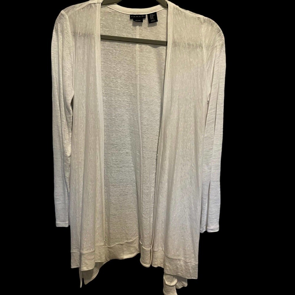 Tahari 100% Linen Cardigan Sweater White XS Open Front Knit Mid Length